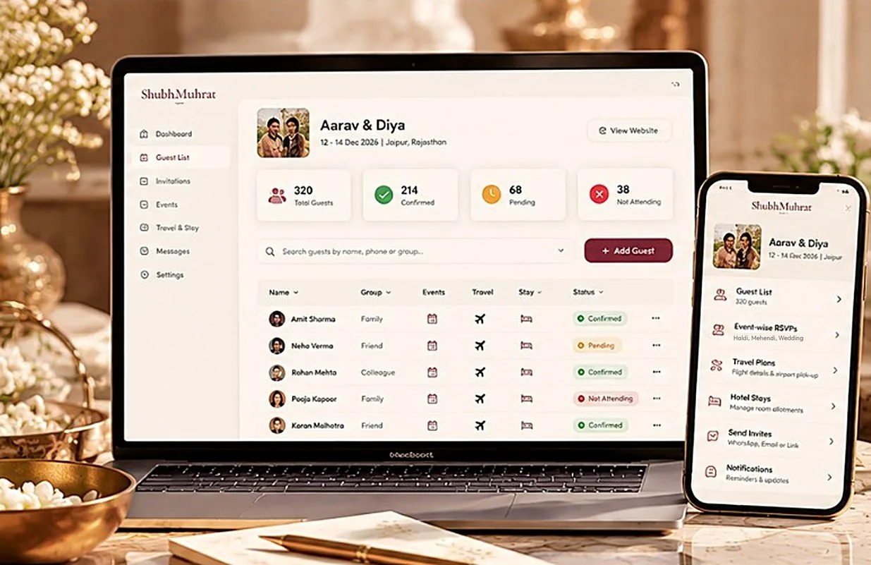 A sample guest list on a laptop with confirmed, pending and declined counts, and the same list on a phone