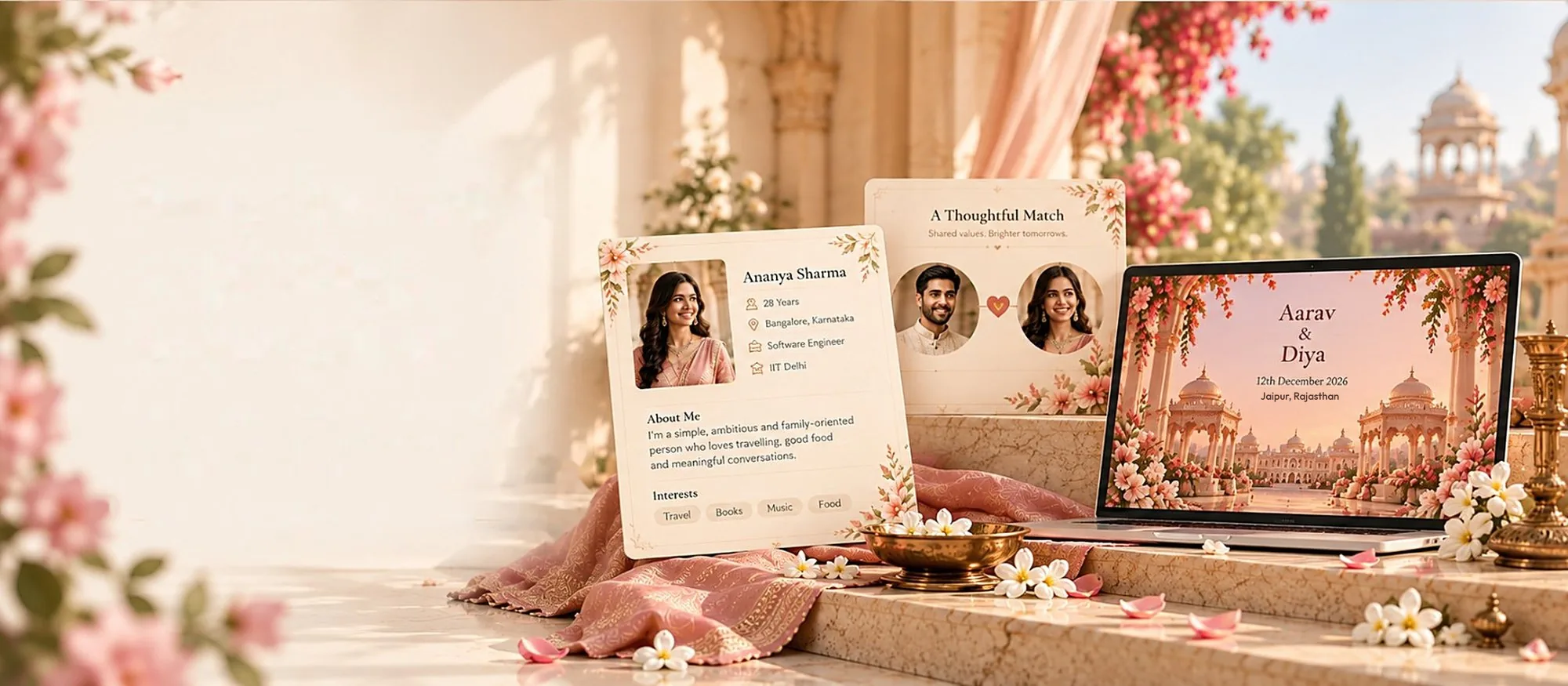 A biodata, a match card and a wedding invitation on a laptop, in a sunlit Rajasthani courtyard