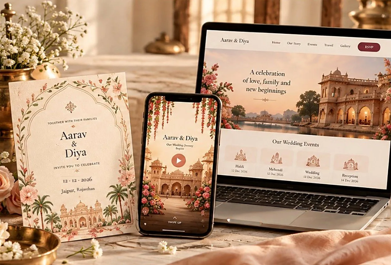 A sample wedding card, a video invitation on a phone and a wedding website on a laptop