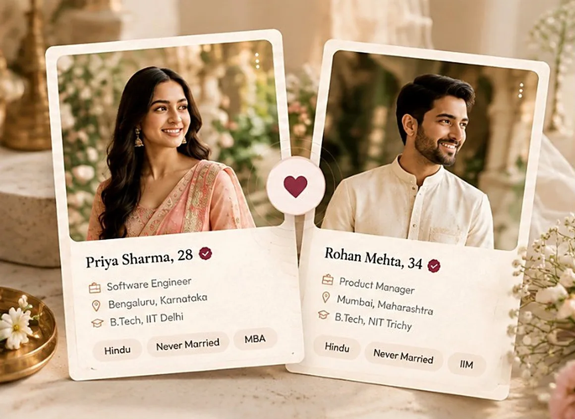 Two sample matrimonial profile cards side by side with a heart between them